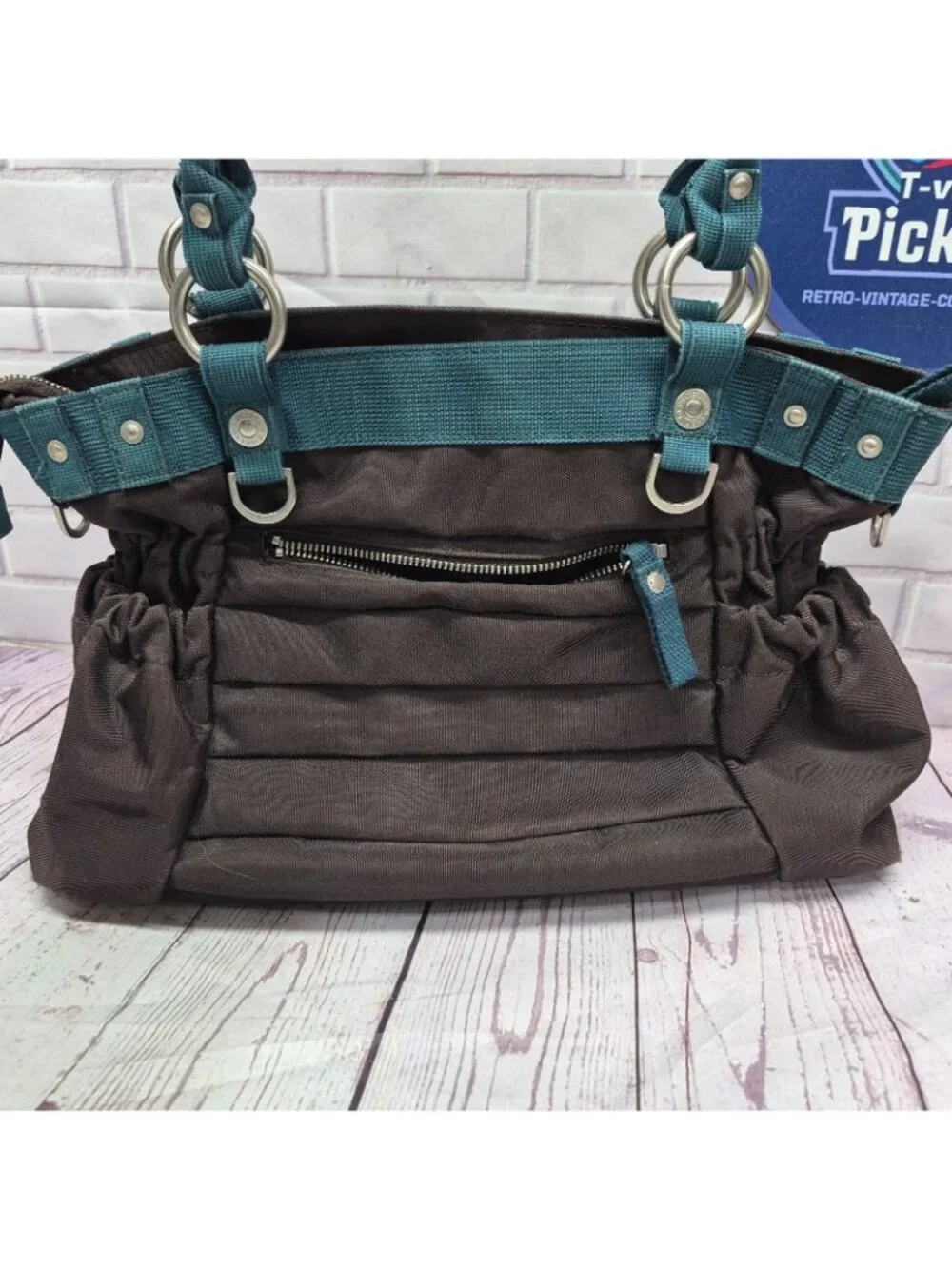 George Gina & Lucy Brown/Teal Satchel Top Handle Zip Bag‎ *No Strap